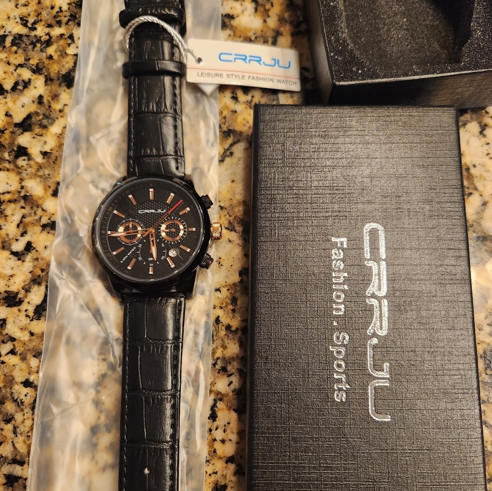 CRRJU Black Leather Strap Watch